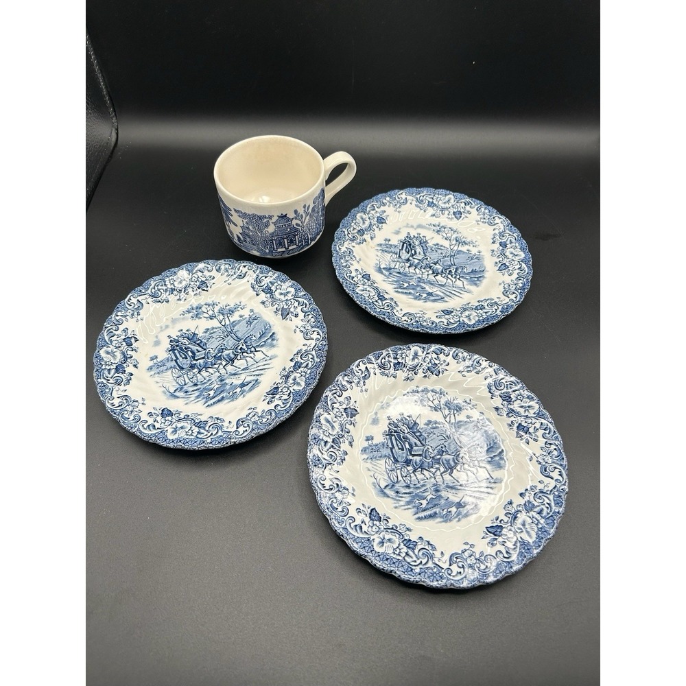 VTG Johnson Brothers China Coach Scene 3 Bread Plate & Churchill Tea Cup